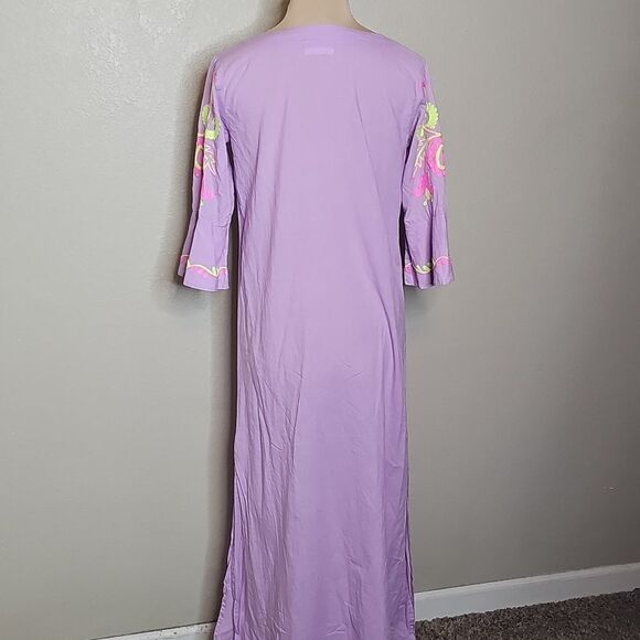 Debbie Katz Delilah Embroidered Caftan Tunic  Dress Lilac Purple‎ Neon Medium - Picture 6 of 10